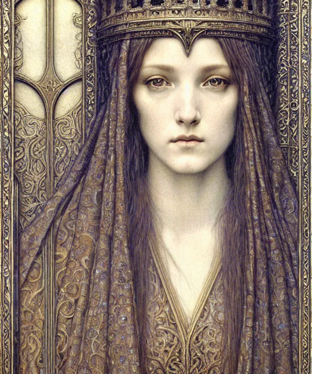 Image similar to detailed realistic beautiful young medieval queen face portrait by jean delville, gustave dore and marco mazzoni, art nouveau, symbolist, visionary, gothic, pre - raphaelite. horizontal symmetry