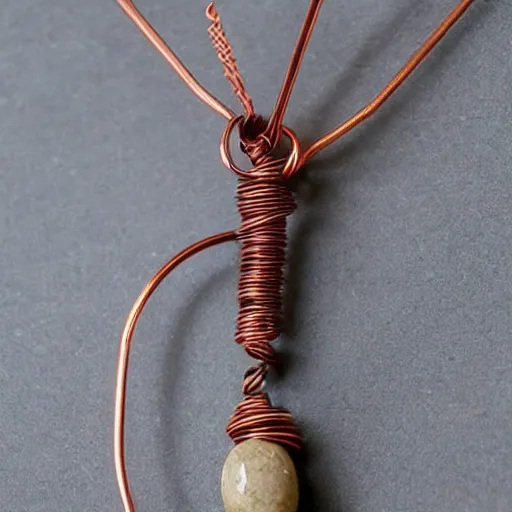 Image similar to beautiful but simple amulet made from equal parts bright sandstone and dark sandstone, bound together by copper wire and representing powerful love