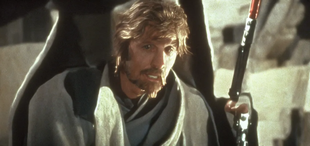 Prompt: Robert Paterson as a Jedi in the movie Star Wars a new hope movie scene film grain
