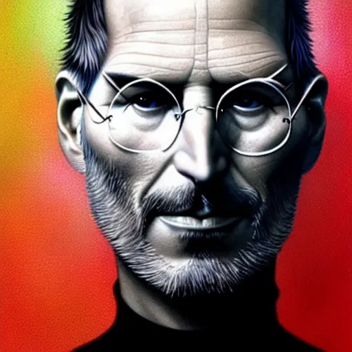 Image similar to face made of many small apples and fruit, steve jobs, fantasy, intricate, elegant, highly detailed, lifelike, photorealistic, digital painting, artstation, illustration, smooth, sharp focus, art by scott davidson, albert aublet, krenz cushart, artem demura, mucha