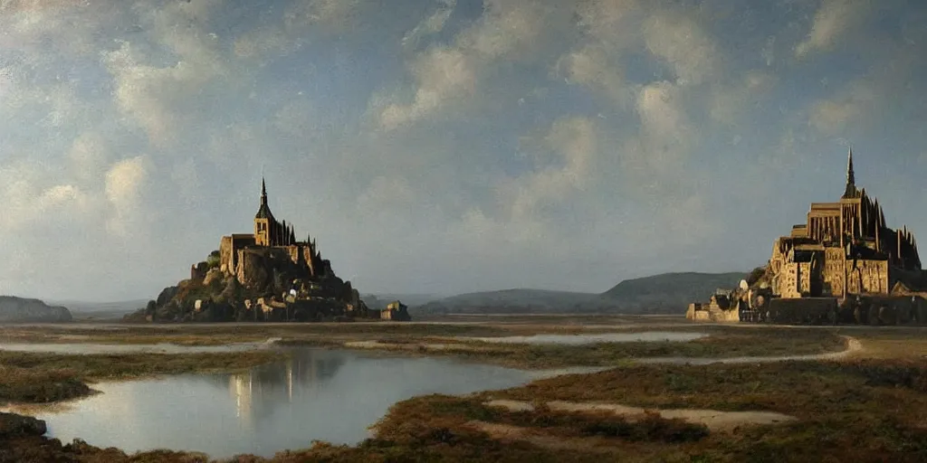 Image similar to masterpiece oil painting portraying mont saint michel but it's in the mountains in the style of romanticism landscape painters with a building on the foreground,beautiful!!!!!!!,misty!!!!!!!!!,detailed!!!!!!!,night sky,evocative,reflection in the water,photorealistic,chiaroscuro,soft lighting