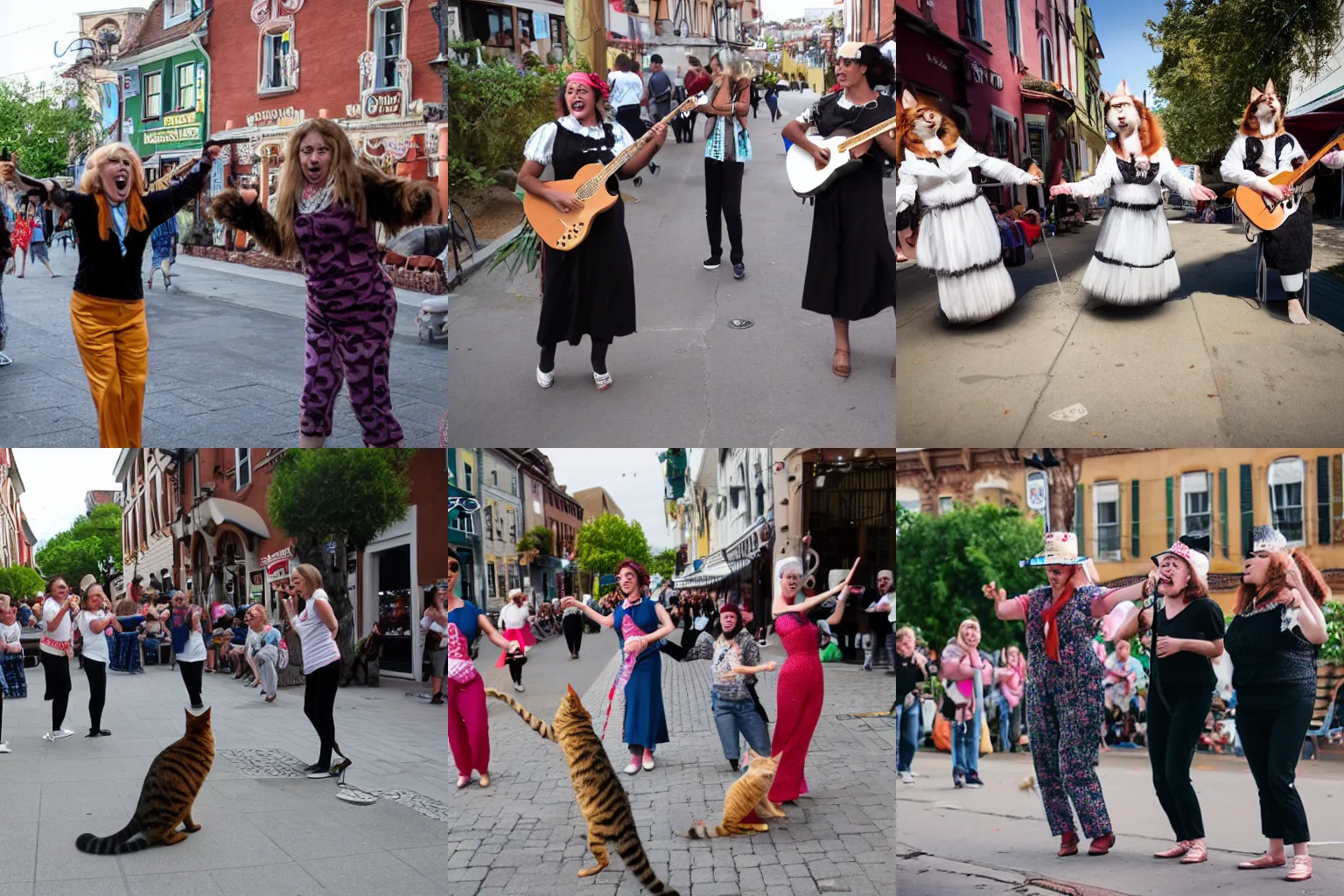 Prompt: three cats singing and dancing down the street during mice festival