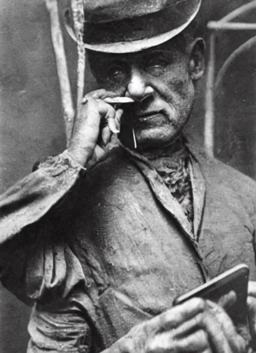 Prompt: historic photo of executioner taking a break to check his iphone