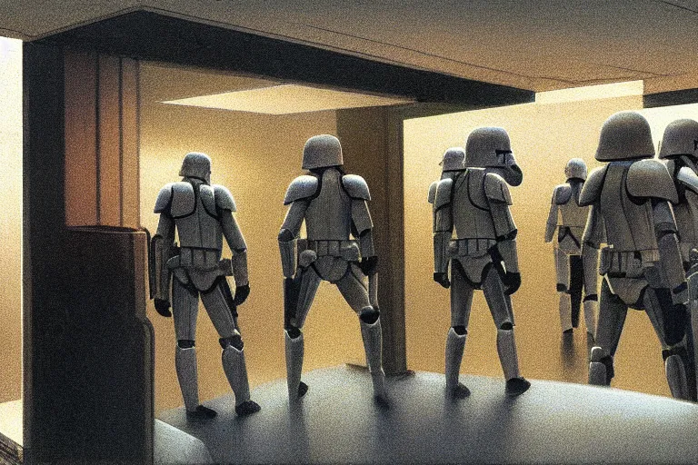 Image similar to ralph mcquarrie concept art for death star corridor interior with storm troopers