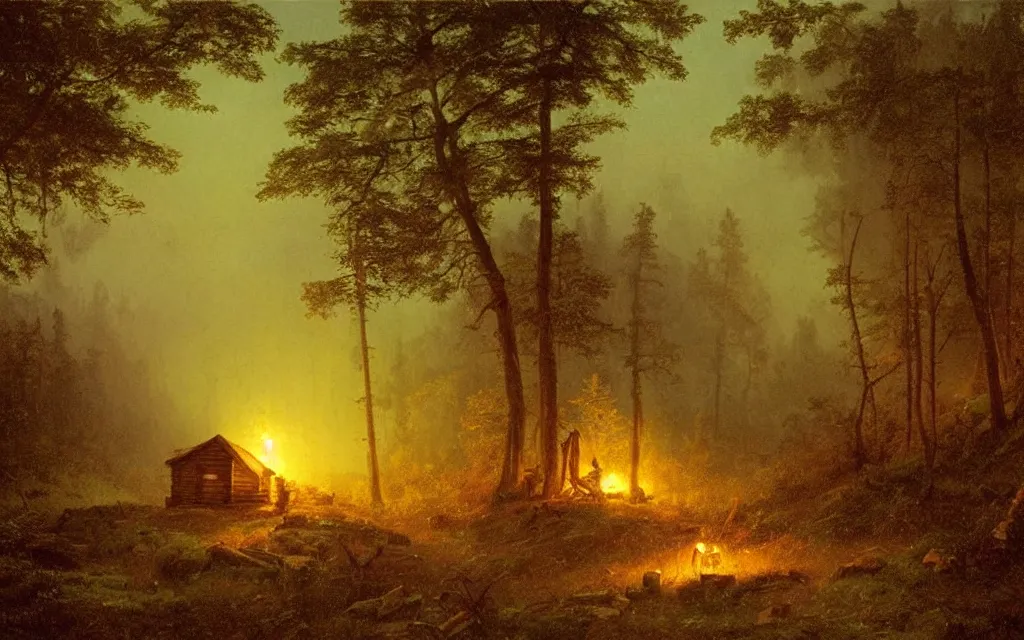 Prompt: small wood cabin with a small campfire on the edge of a forest overlooking a beautiful valley at dusk, cinematic lighting, intricate ink illustration, by albert bierstadt