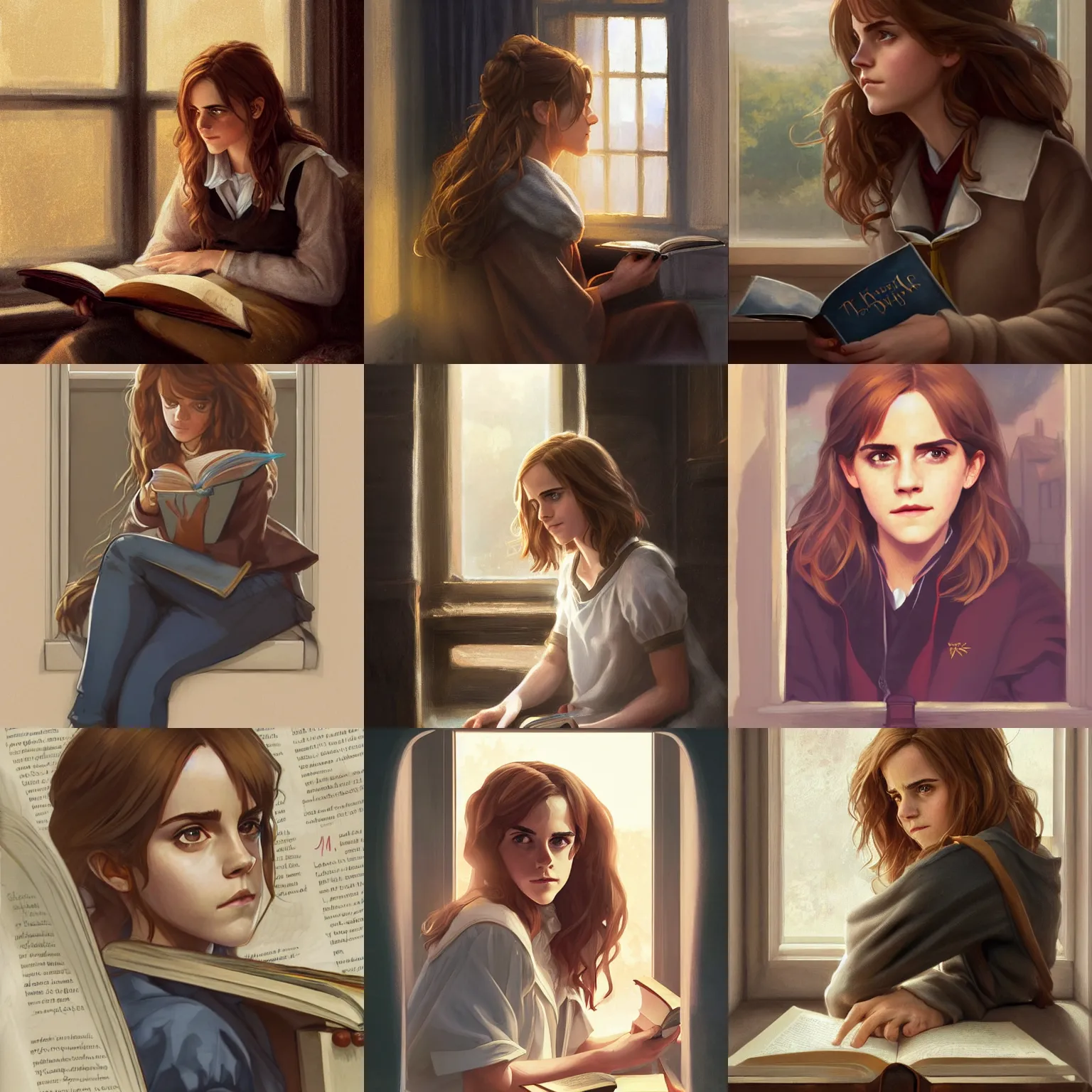 Prompt: portrait of Emma Watson as Hermione Granger sitting next to a window reading a book, focused expression, golden hour, art by Kenne Gregoire and Krenz Cushart, trending on artstation