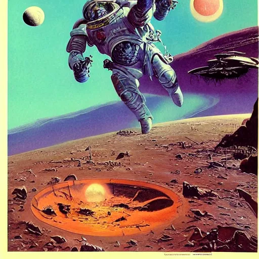 Prompt: space marines vs giant snakes, crater moon, vintage sci - fi art, by bruce pennington