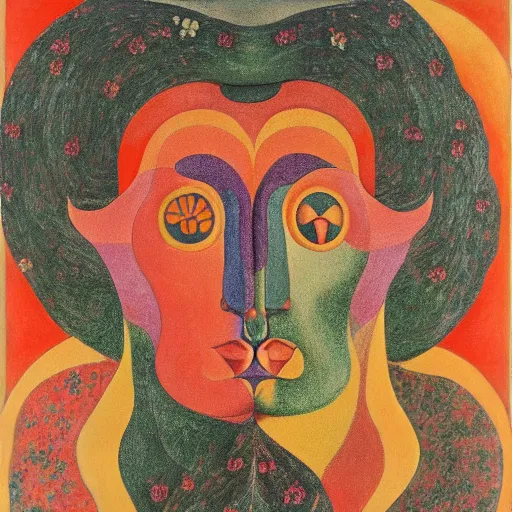 Image similar to floral face portrait by leonetto cappiello and wojciech siudmak and ernst fuchs, anni albers, oil on canvas