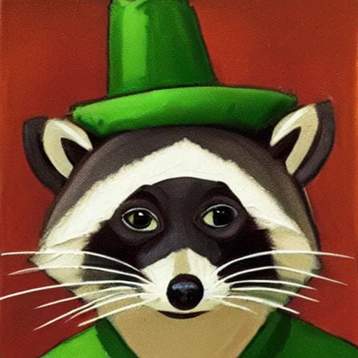 Prompt: oil portrait of an artificer raccoon working on his latest project, with a loupe and green hat, cute, in the style of Studio Ghibli