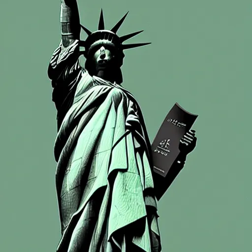 Prompt: poster art, the statue of liberty holding an ar - 1 5, volumetric lighting, extreme detail