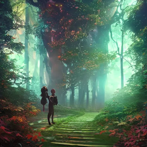 Image similar to twisted pathways magical cosmic path in the middle of a universe, anime inspired, hyper realistic, dramatic lighting, glowing leaves, 8k hdr pixiv dslr photo by Makoto Shinkai ilya kuvshinov and Wojtek Fus, digital art, concept art