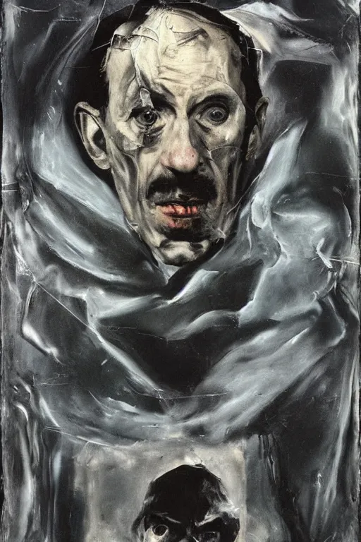 Image similar to menacing portrait of medici emerging from the dark void, lonely figure in the darkness, painted by Adrian Ghenie El Greco, painted by Lucian Freud, polaroid, Renaissance, John Singer Sargant, glitch