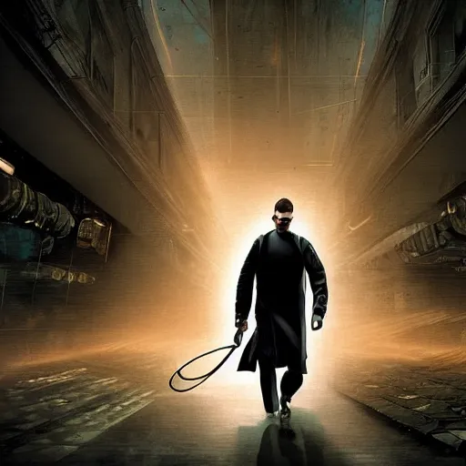 Image similar to a man walking into the matrix, concept art, illustration, highly detailed, artwork