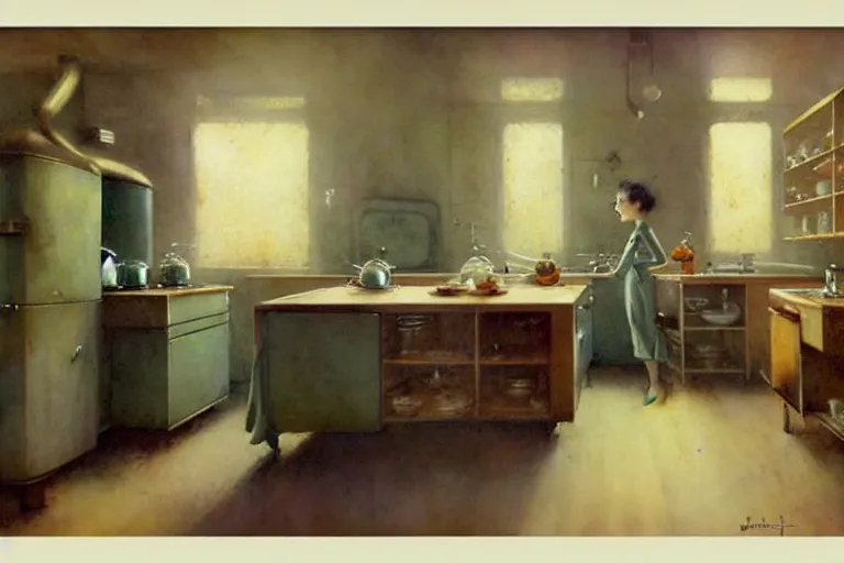 Image similar to ( ( ( ( ( 1 9 5 0 s retro science fiction kitchen interior scene. muted colors. ) ) ) ) ) by jean - baptiste monge!!!!!!!!!!!!!!!!!!!!!!!!!!!!!!