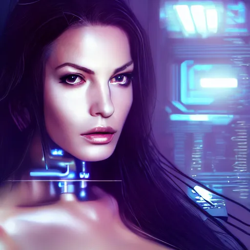 Image similar to realistic detailed portrait of Cyberpunk woman, portrait, long dark hair, cyber implants, Cyberpunk, Sci-Fi, science fantasy, Kelly Brook, glowing skin, full body, beautiful girl, extremely detailed, sharp focus, model