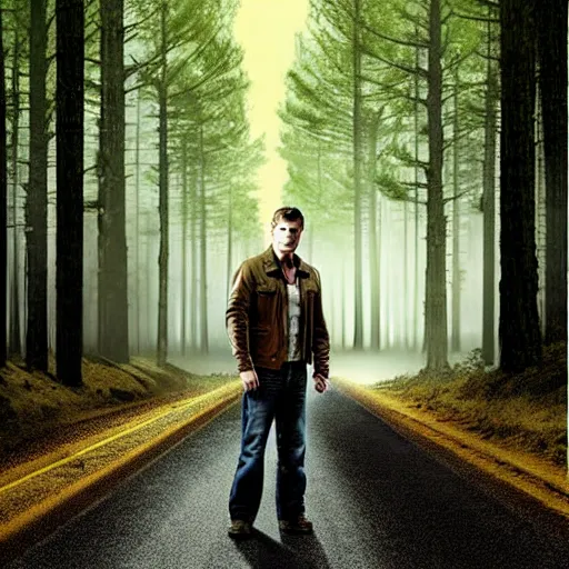 Image similar to Dean Winchester standing on the road in a pine forrest, promoart