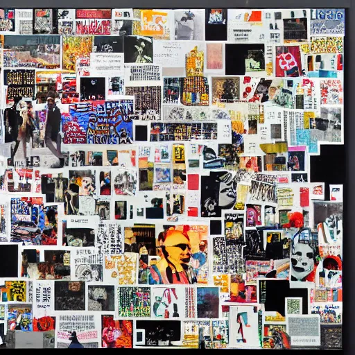 Image similar to collage made of magazine cutouts, one large central picture, dramatic typography, museum of modern art, museum of contemporary art, auction, record - setting, detailed, photorealistic