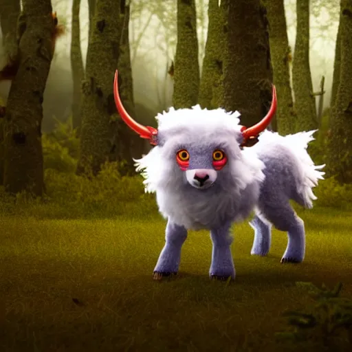Image similar to ultrarealistic creature fluffy animal with horns and short legs and arms and red eyes, forest scene, octane render, highly detailed, cinematic lightning