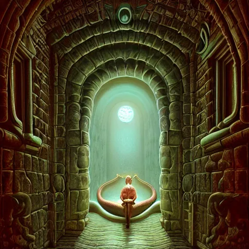 Prompt: hyperreal ultra detailed hypnagogic recollections from the waters of the unconscious, a 3 d psychopomp watching on, a man's face, a mirror, a doorway threshold, a huge snake, smooth, sharp focus, global illumination, ornate, art by shaun tan and daniel merriam and dan mumford octane render