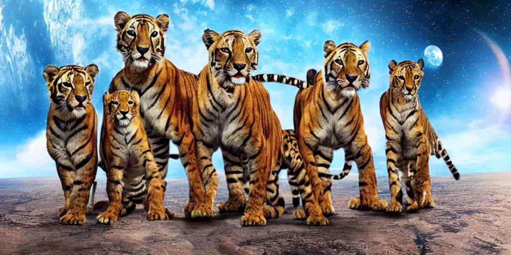 Image similar to Group photo of 4 animals (tiger, lion, cheetah, puma) in spacesuits before going to space. Highly detailed picture, movie scene.