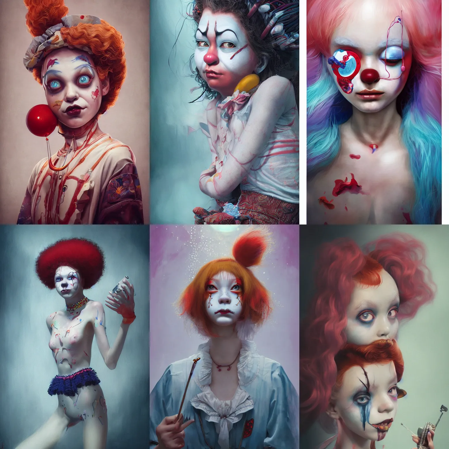 Image similar to breathtaking detailed painting of clown girl , with anxious, piercing eyes, Atari game cover art by Hsiao-Ron Cheng, James jean, Miho Hirano, Hayao Miyazaki, extremely moody lighting, hyperrealistic, octane render, RPG portrait, ambient light, dynamic lighting