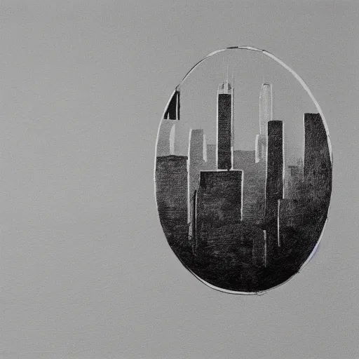 Image similar to a perfect circle where the inside is empty blank space and around the outer edge of the circle is the silhouette of a city skyline, black and white, minimalist, in the style of a charcoal drawing, made by david mellen