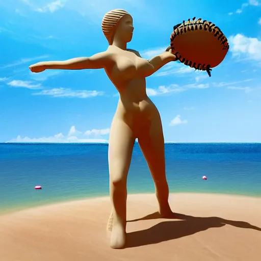 Image similar to digital art, trending on artstation, cycladic statue of a woman playing baseball, on a caribbean beach, a pirate ship in the background