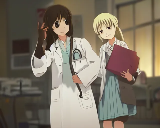 Prompt: a cute young female doctor wearing white coat with a little girl in a hospital, slice of life anime, lighting, anime scenery by Makoto shinkai