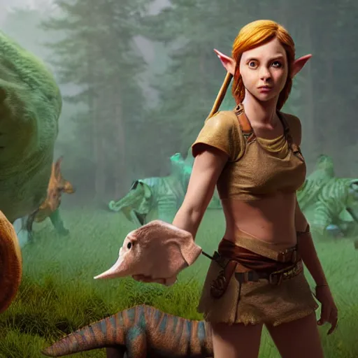 Prompt: a hyper real comic book style portait painting of zelda in the stone age with dinosaurs, unreal 5, hyperrealistic, octane render, cosplay, rpg portrait, dynamic lighting