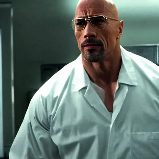 Image similar to Dwayne The Rock Johnson as Walter White in 'Breaking Bad' (2012), movie still frame, oscar nominated cinematography, volumetric lighting, 8k resolution, beautiful composition