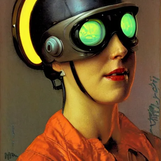 Prompt: portrait of a cyberpunk woman with helmet and glowing goggles, by norman rockwell