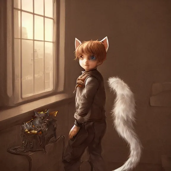 Prompt: boy with cat ears and tail on window sill, fantasy artwork, award winning, hyper detailed, very very very very very very very very very very very very very very very very very beautiful, studio lighting, artstation