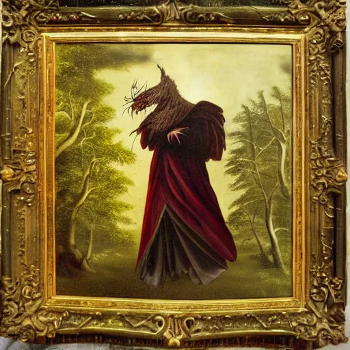 Prompt: Blood mage with capercaillie's head casting a spell in dark, mossy woods. Baroque era oil painting.