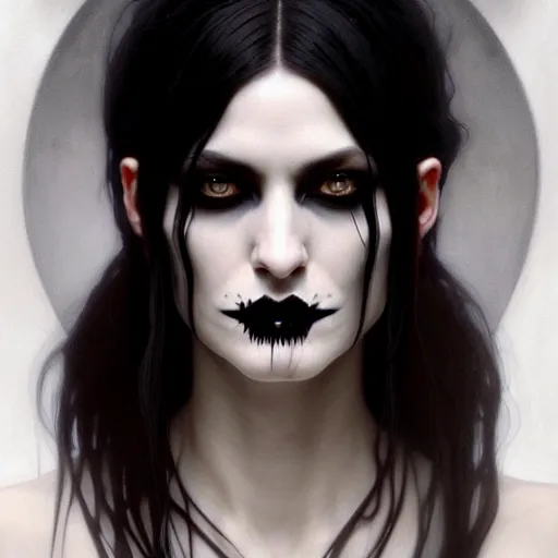 Image similar to portrait painting of an androgynous goth witch with shoulder length flowing black hair pale skin and beautiful dark brown eyes, ultra realistic, concept art, intricate details, eerie, highly detailed, photorealistic, octane render, 8 k, unreal engine. art by artgerm and greg rutkowski and alphonse mucha