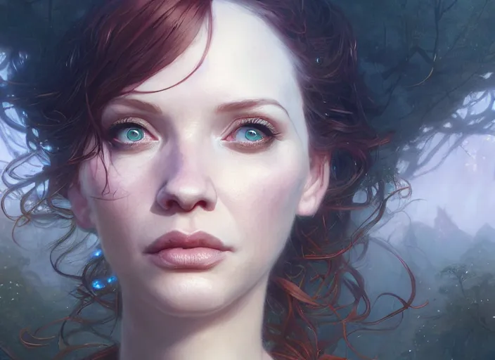 Image similar to highly detailed portrait of christina hendricks, stephen bliss, unreal engine, fantasy art by greg rutkowski, loish, rhads, ferdinand knab, makoto shinkai and lois van baarle, ilya kuvshinov, rossdraws, tom bagshaw, global illumination, radiant light, detailed and intricate environment