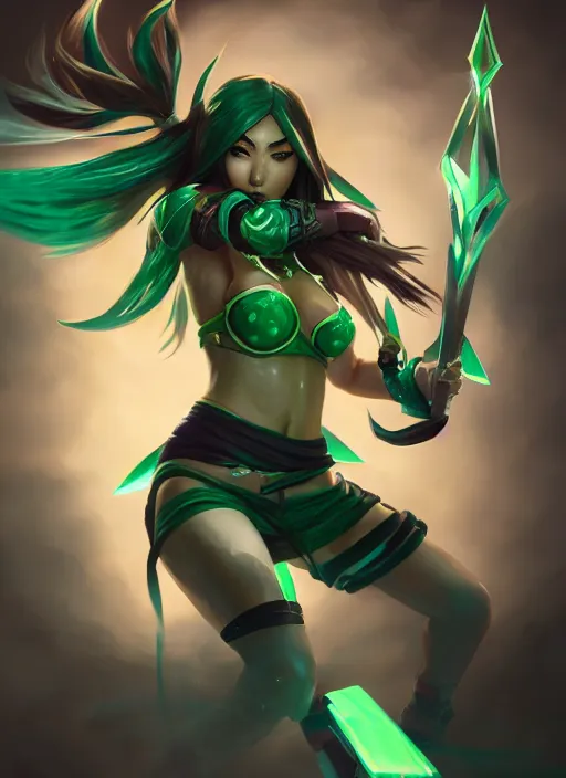 Image similar to akali, from league of legends, green daggers, hyper detailed, digital art, trending in artstation, cinematic lighting, studio quality, smooth render, unreal engine 5 rendered, octane rendered, art style by klimt and nixeu and ian sprigger and wlop and krenz cushart