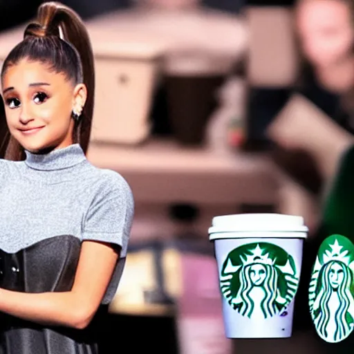 Image similar to ariana grande as the starbucks logo on the cup of a latte