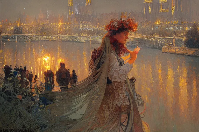 Image similar to a beautiful realistic painting of a firework festival at seine river, intricate, elegant, highly detailed, digital painting, artstation, concept art, by krenzcushart, artem demura, alphonse mucha