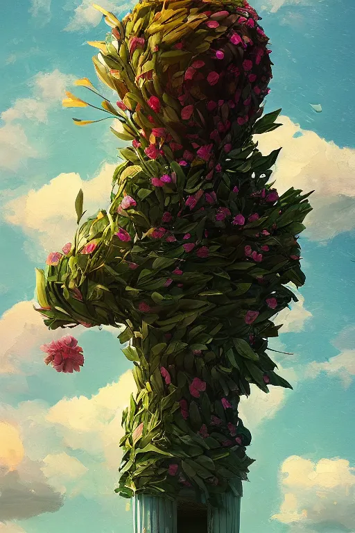 Prompt: portrait, giant flower head, a girl is standing on pillar, surreal photography, wind and cold, dramatic sky, impressionist painting, digital painting, artstation, simon stalenhag