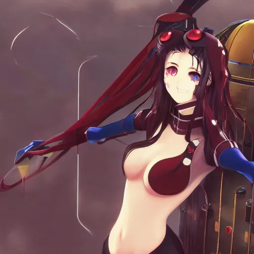 Image similar to beautiful image of tohsaka rin from fate / stay night inside of an old steampunk robot, high details, high resolution, noise filtered, artstation, 4 k, highly detailed, high quality, digital painting masterpiece, beautiful brush strokes