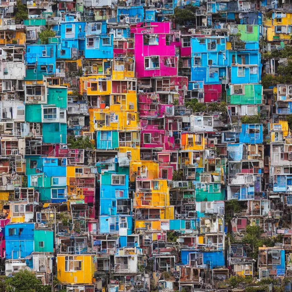 Image similar to a vertical building made up of various colourful makeshift squatter shacks, sony a 7 r 3, f 1 1, fully frontal view, photographed by jeanette hagglund, ultra detailed,