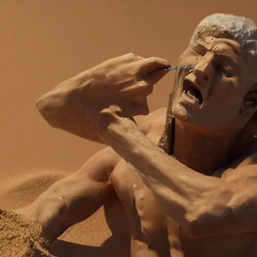 Prompt: a man eating a cube of sand, 3 d render, octane, ray tracing, ultra detailed photorealistic, 8 k, high resolution