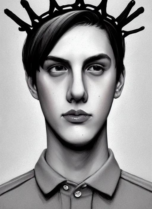 Image similar to portrait of teenage jughead jones wearing a light grey crown, photorealistic, crown made of fabric, grey crown with pin badges, crown with pins, black hair, intricate, elegant, highly detailed, digital painting, glowing lights, artstation, concept art, smooth, sharp focus, illustration, art by wlop, mars ravelo and greg rutkowski