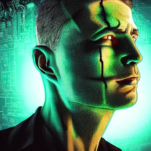 Prompt: “portrait of main character of Neuromant book on his face VR set, high detailed, wide and straight in face angle, in the background big mainframe with python code running on it(black and green color) many wires. volumetric light, epic light, by Steve Dillon, Glenn Fabry, Matt Hollingsworth, Pamela Rambo in style of Preacher comics(1995-2000)”