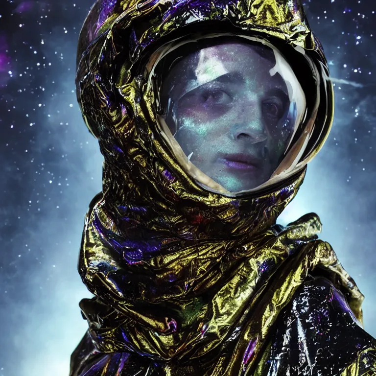 Image similar to dark and moody octane render portrait by wayne barlow and carlo crivelli and glenn fabry, subject is a woman covered in tie - dye aluminum foil space suit with a colorful metallic space helmet, surrounded by alien plants, fog and mist, cinema 4 d, ray traced lighting, very short depth of field, bokeh