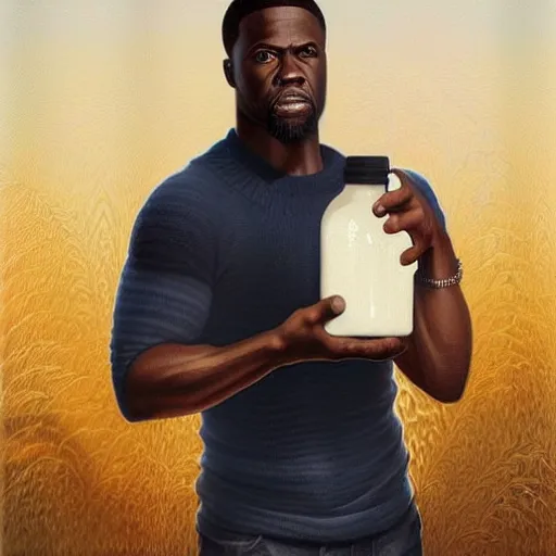 Prompt: clear portrait of kevin hart holding a gigantic bottle of milk, golden hour background, cottagecore!!, hyper detailed, character concept, full body, dynamic pose, intricate, elegant, highly detailed, digital painting, artstation, concept art, smooth, sharp focus, illustration, art by artgerm and greg rutkowski and alphonse mucha