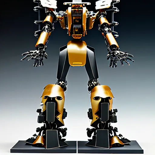 Image similar to mecha carved obsidian mechanical exoskeleton wearing hardsurface armour, inlaid with ivory and gold accents, rococo, by spider zero, frank gehry, jeff koons, bandai box art, in the style of john berkey, norman rockwell, ivan shishkin