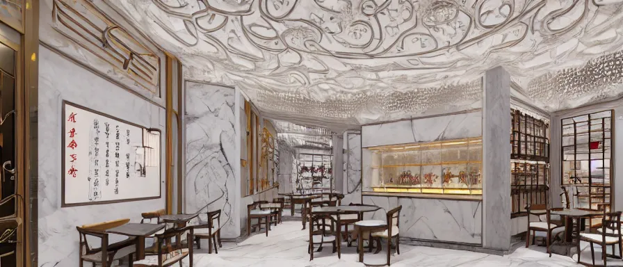 Image similar to a beautiful hyperdetailed interior render of roasted string hotpot restaurant restaurant yan'an, wall corner, from china, marble walls and white floors, with merchant logo, fine delicate structure, chinese style, simple composition, simple style structure decoration design, victo ngai, 4 k hd