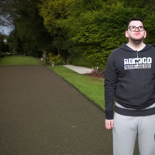 Prompt: Rocco Botte wearing gray sweatshirt and gray sweatpants and black/white Converse Chuck Taylor sneakers, standing in a T-pose on a suburban residential street