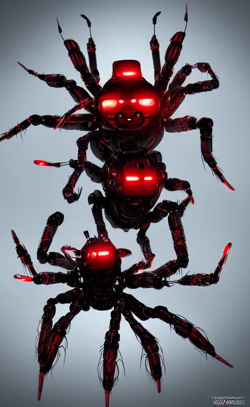 Image similar to a robot humanoid spider with 4 arms with claws, glowing red eyes, in a black carbon and red fiber armor, smiling creepily, dynamic lighting, photorealistic fantasy concept art, trending on art station, stunning visuals, creative, cinematic, ultra detailed